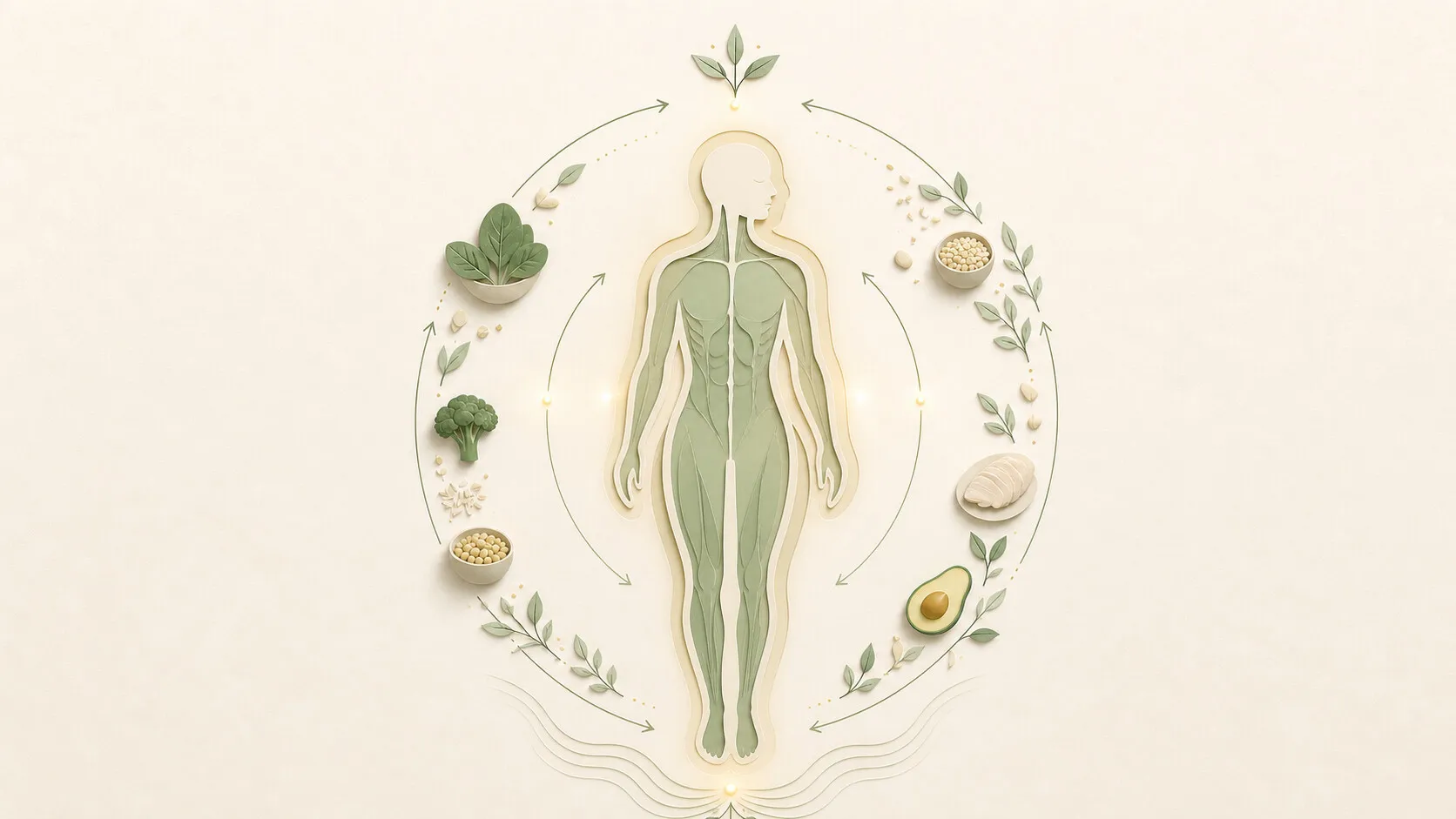 Ilustração de um corpo com folhas, grãos e legumes ao redor