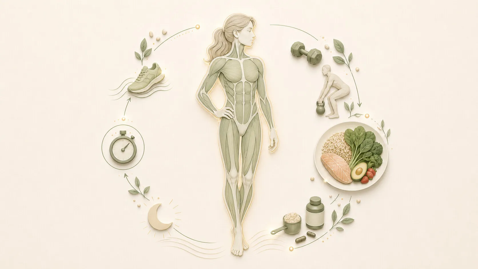 Ilustração de uma atleta cercada por tênis, halteres e alimentos