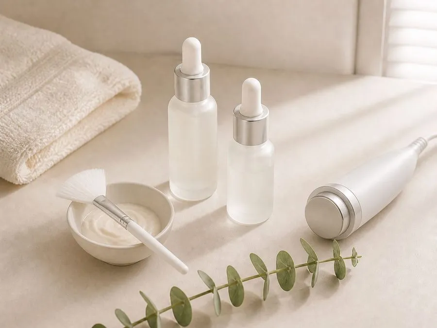 Frascos de sérum, pincel e toalha em uma bancada de estética