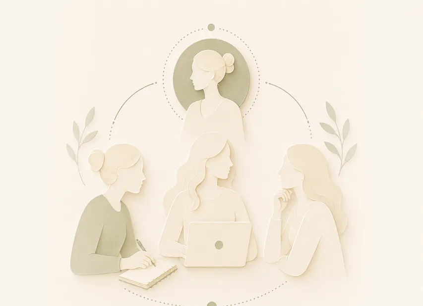 Ilustração de três profissionais reunidas em volta de um computador