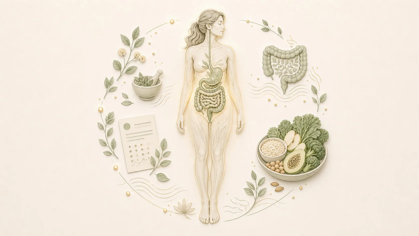 Ilustração do sistema digestivo cercado por ervas e vegetais