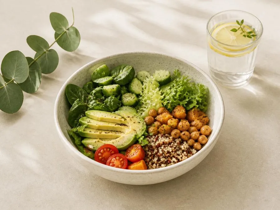 Bowl com folhas, abacate, grão-de-bico e quinoa sobre a mesa
