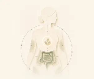Ilustração de uma silhueta feminina com tireoide e intestino em destaque