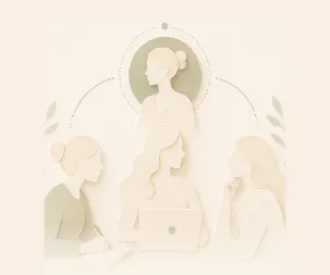 Ilustração de três profissionais em volta de uma paciente, sob um mesmo arco